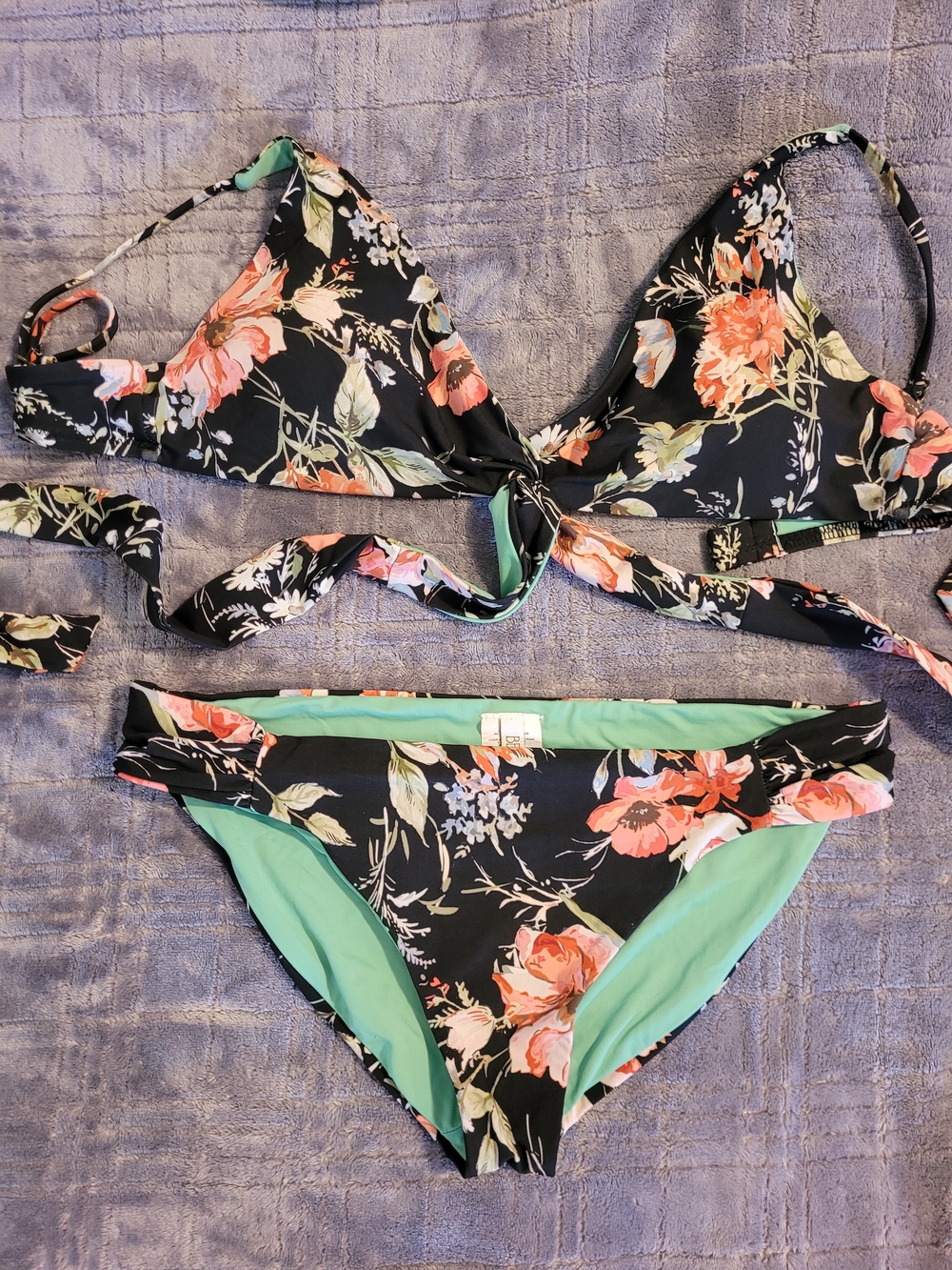 BECCA Black Floral Bikini with Coral Flowers